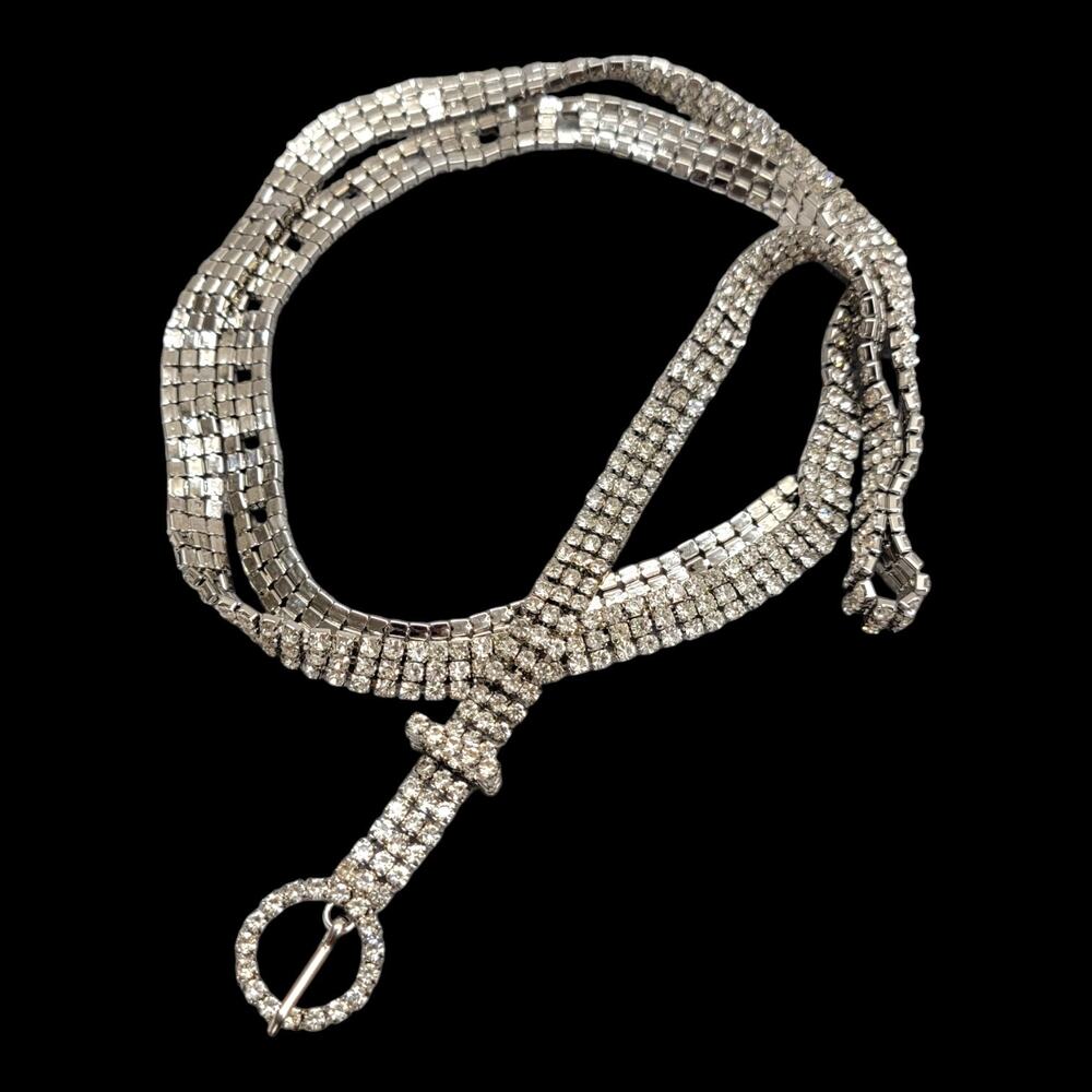 Y2K Silver Tone 3 Row Rhinestone Chain Belt Crystal Circular Buckle Bling 45"
